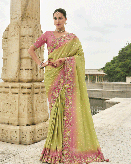 Lime Green Embroidered Tissue Silk Wedding Saree