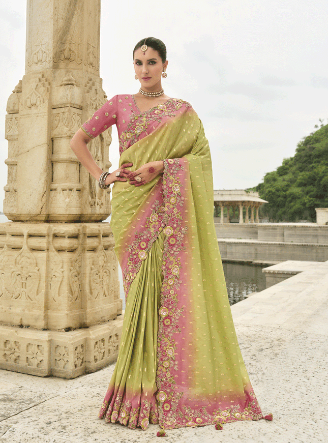 Lime Green Embroidered Tissue Silk Wedding Saree