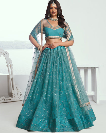 Firozi Net Embroidered Wedding Lehenga Choli Set