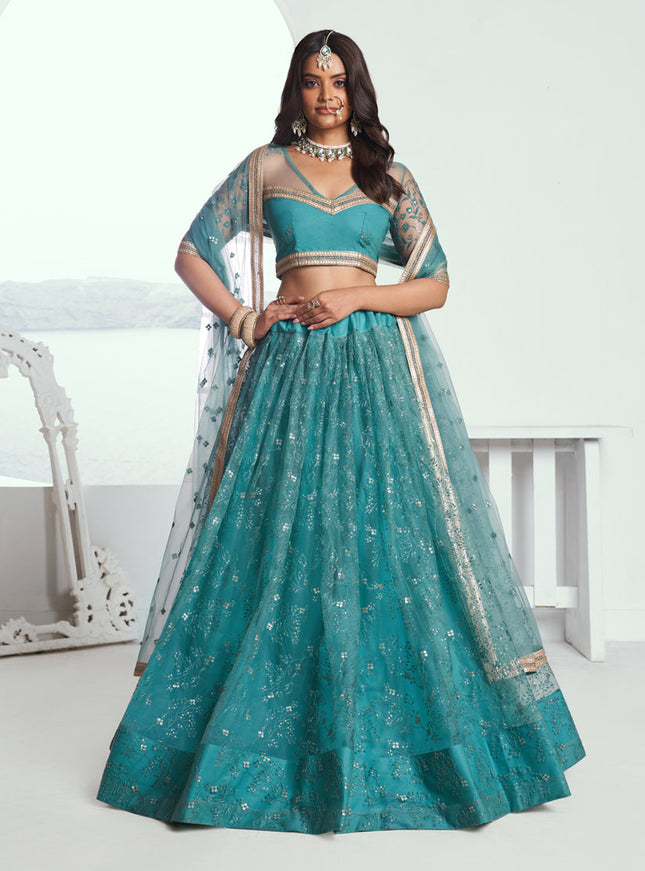 Firozi Net Embroidered Wedding Lehenga Choli Set