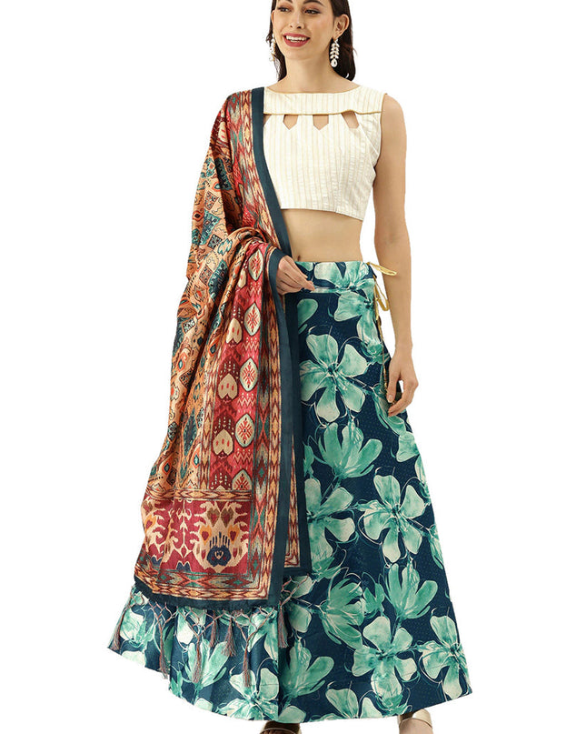 Blue Satin Silk Blend Digital Print Navratri Specials Chaniya Choli