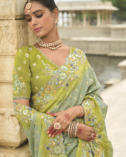 Pastel Green Embroidered Tissue Silk Wedding Saree