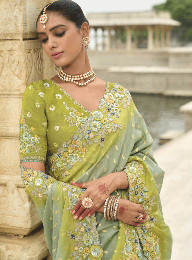 Pastel Green Embroidered Tissue Silk Wedding Saree