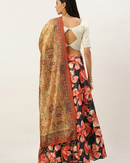 Black Satin Silk Blend Digital Print Navratri Specials Chaniya Choli