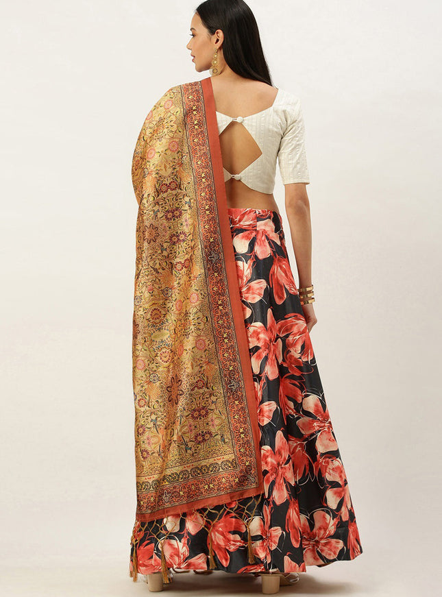 Black Satin Silk Blend Digital Print Navratri Specials Chaniya Choli