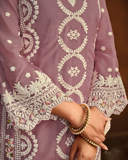 Mauve Organza Embroidered Pant Kameez