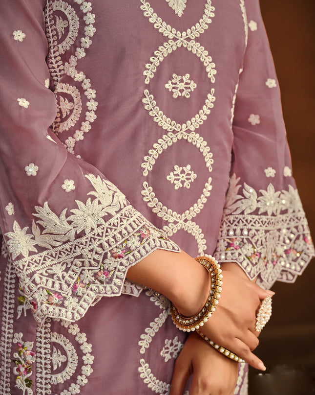 Mauve Organza Embroidered Pant Kameez