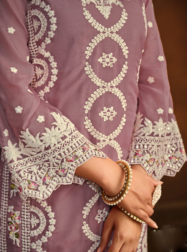 Mauve Organza Embroidered Pant Kameez