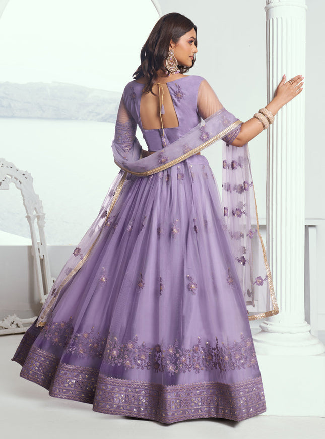 Purple Net Embroidered Wedding Lehenga Choli Set