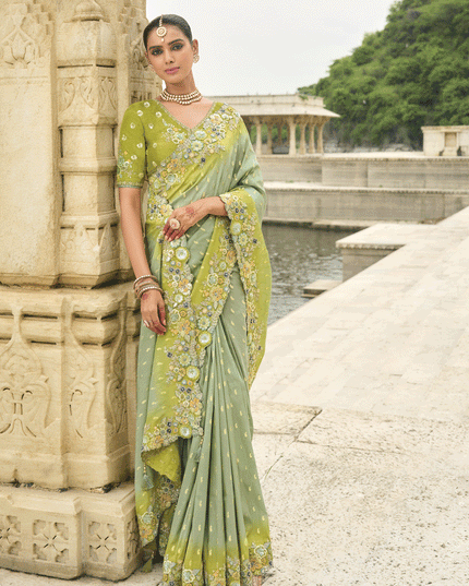 Pastel Green Embroidered Tissue Silk Wedding Saree