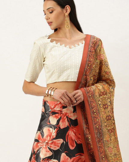 Black Satin Silk Blend Digital Print Navratri Specials Chaniya Choli