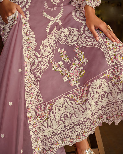 Mauve Organza Embroidered Pant Kameez