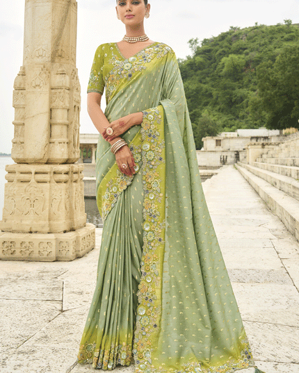 Pastel Green Embroidered Tissue Silk Wedding Saree