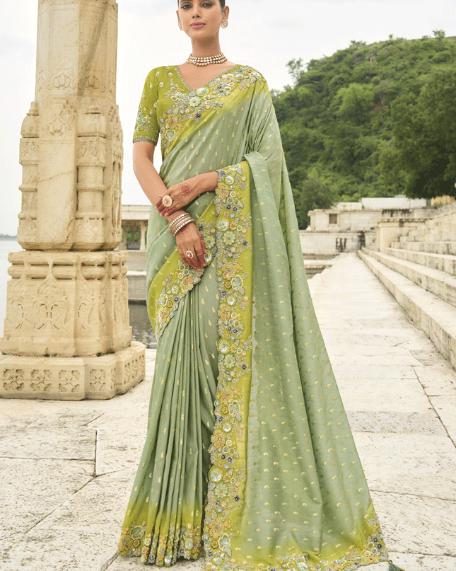 Pastel Green Embroidered Tissue Silk Wedding Saree