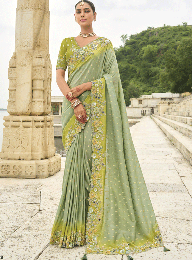 Pastel Green Embroidered Tissue Silk Wedding Saree