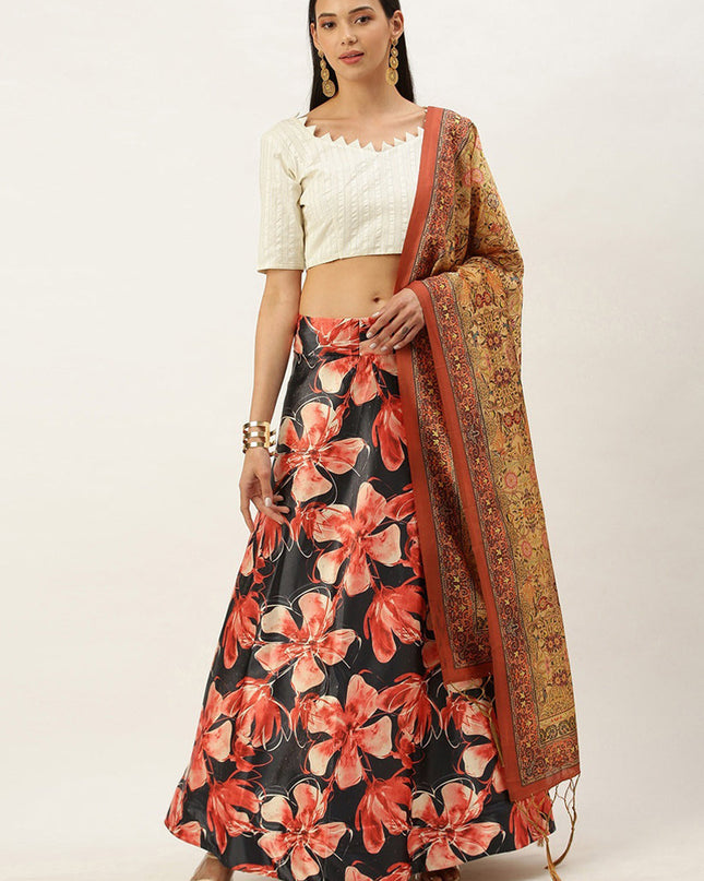 Black Satin Silk Blend Digital Print Navratri Specials Chaniya Choli