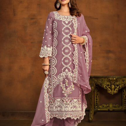 Mauve Organza Embroidered Pant Kameez