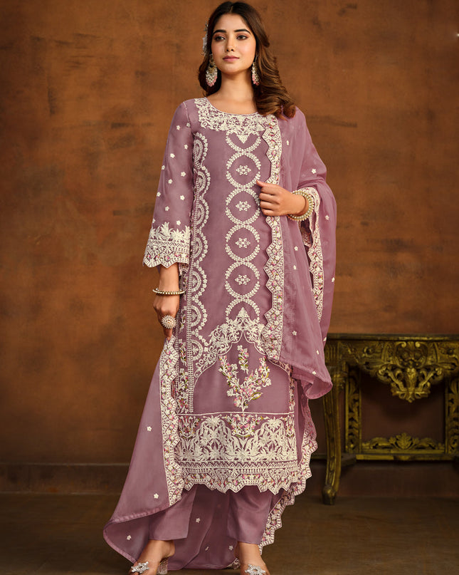 Mauve Organza Embroidered Pant Kameez