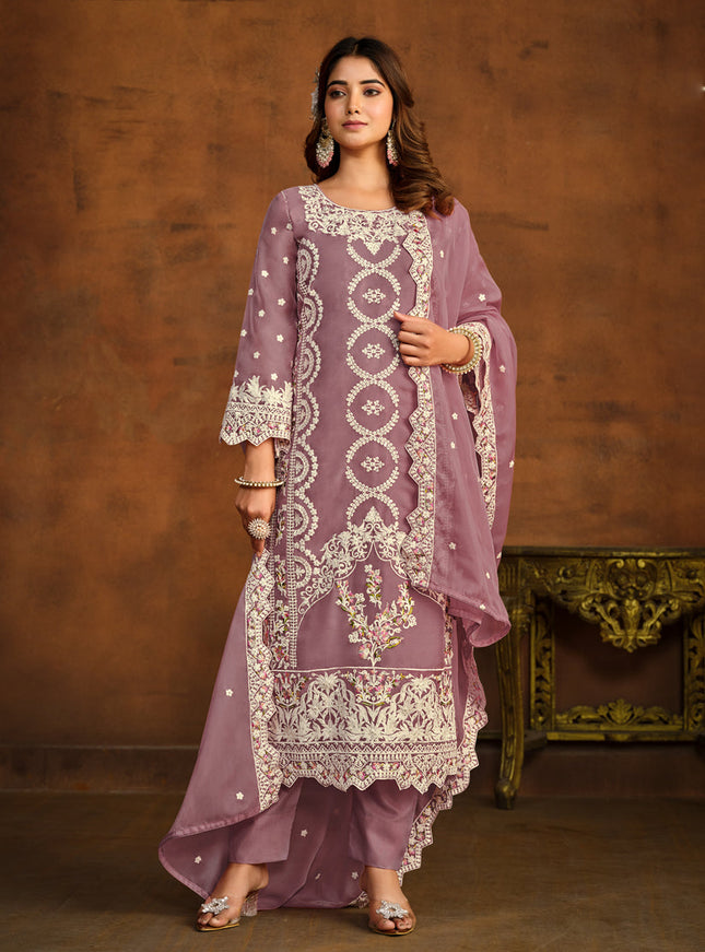 Mauve Organza Embroidered Pant Kameez