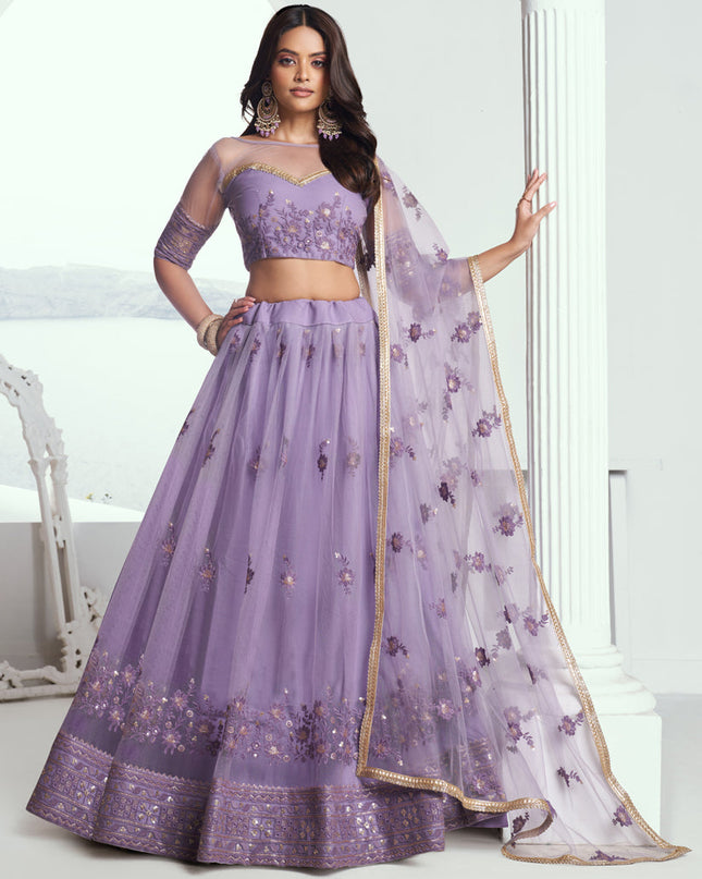 Purple Net Embroidered Wedding Lehenga Choli Set