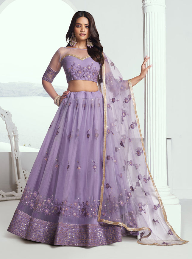 Purple Net Embroidered Wedding Lehenga Choli Set