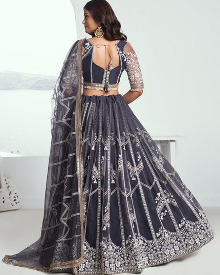 Ash Grey Net Embroidered Wedding Lehenga Choli Set
