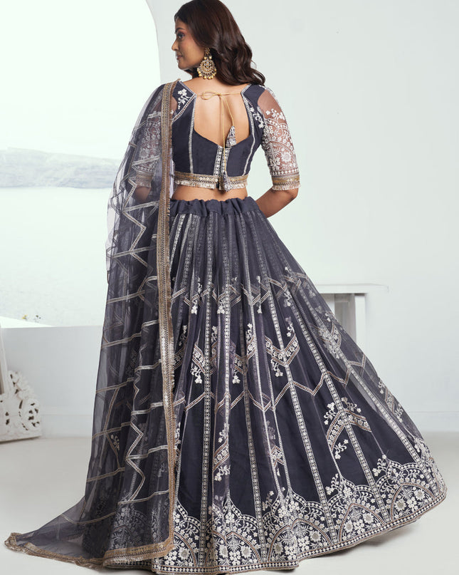Ash Grey Net Embroidered Wedding Lehenga Choli Set