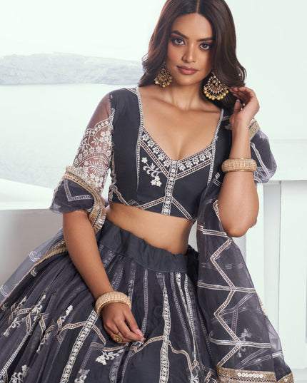 Ash Grey Net Embroidered Wedding Lehenga Choli Set