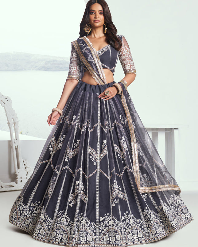 Ash Grey Net Embroidered Wedding Lehenga Choli Set