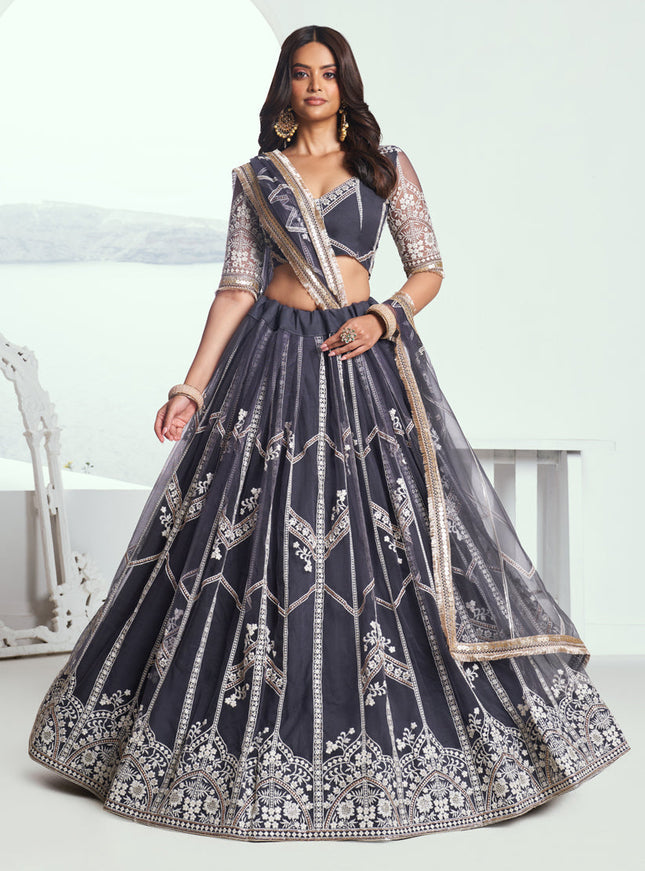 Ash Grey Net Embroidered Wedding Lehenga Choli Set