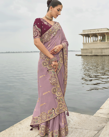 Mauve Pink Embroidered Tissue Silk Wedding Saree