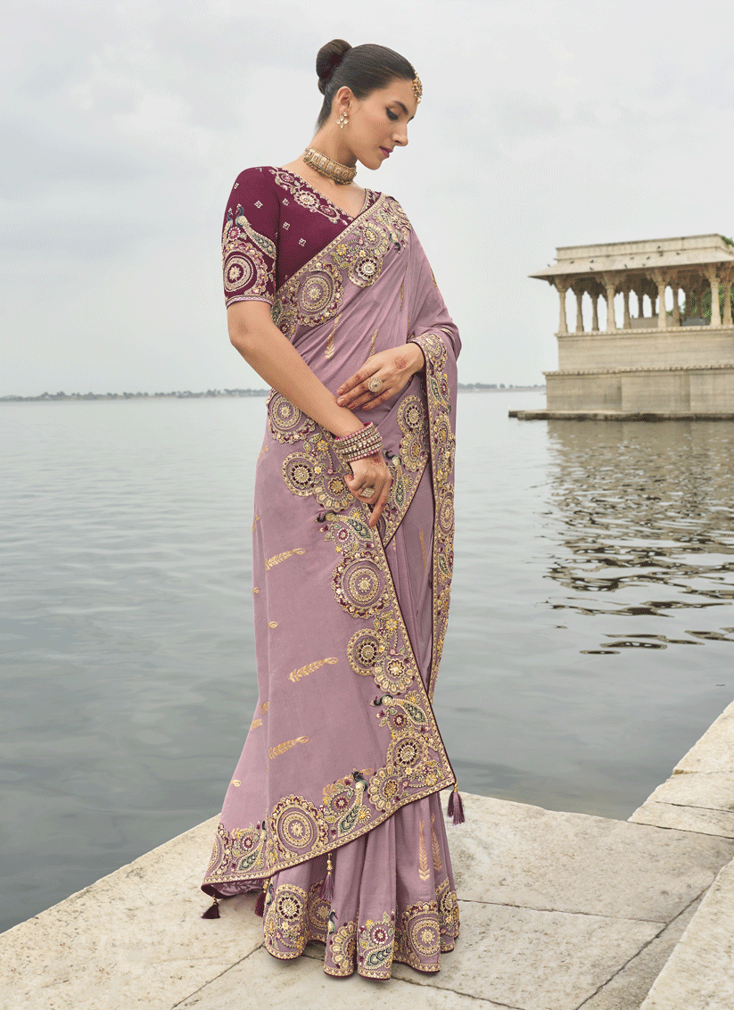 Mauve Pink Embroidered Tissue Silk Wedding Saree