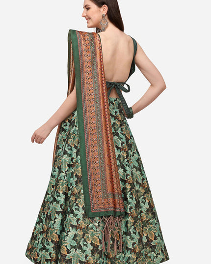 Green Satin Silk Blend Digital Print Navratri Specials Chaniya Choli