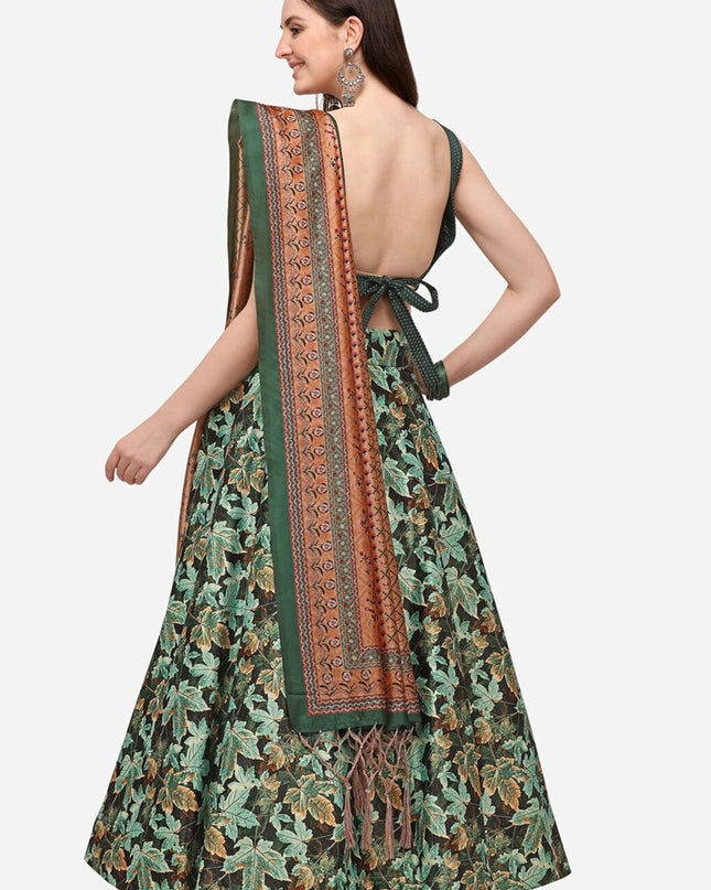 Green Satin Silk Blend Digital Print Navratri Specials Chaniya Choli