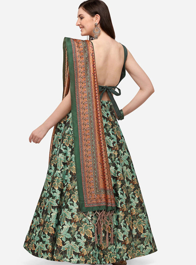 Green Satin Silk Blend Digital Print Navratri Specials Chaniya Choli