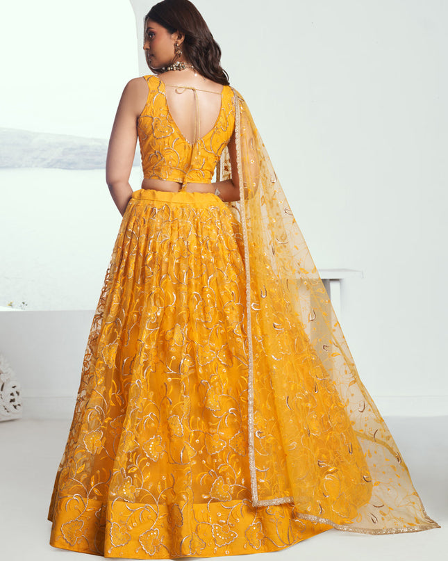 Golden Yellow Net Embroidered Wedding Lehenga Choli Set