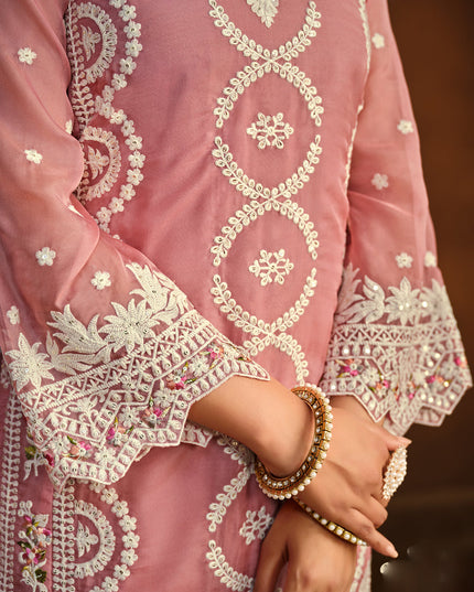 Cherry Pink Organza Embroidered Pant Kameez