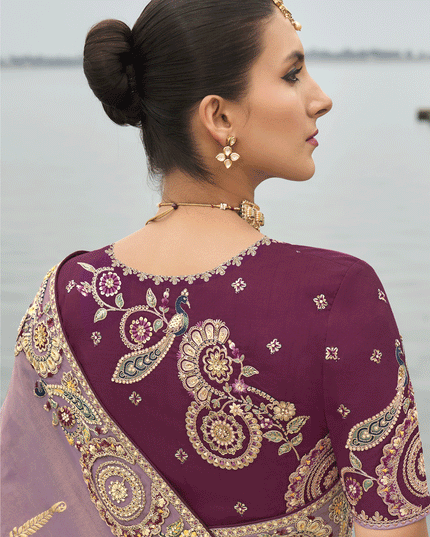 Mauve Pink Embroidered Tissue Silk Wedding Saree