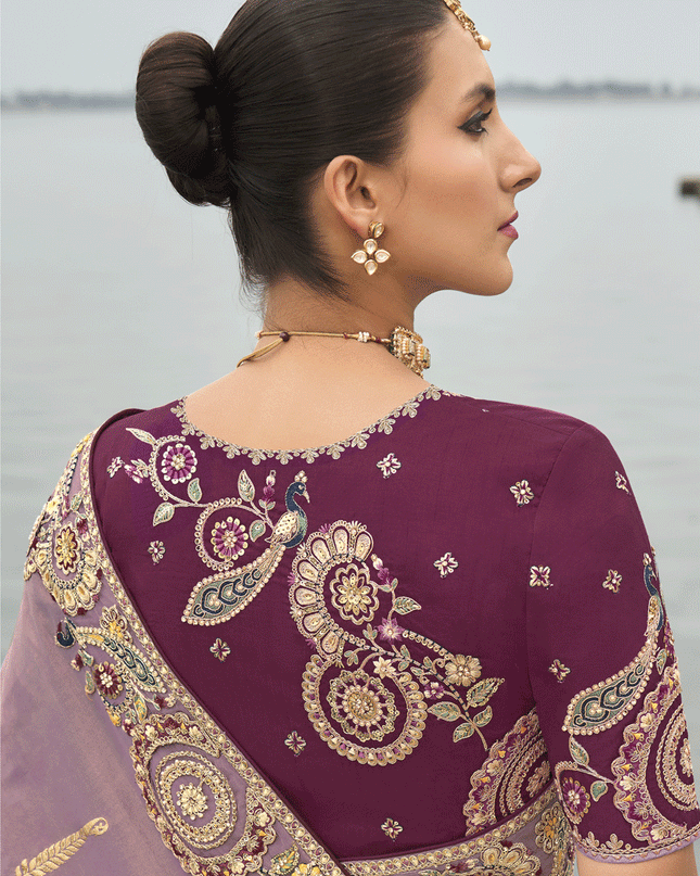 Mauve Pink Embroidered Tissue Silk Wedding Saree