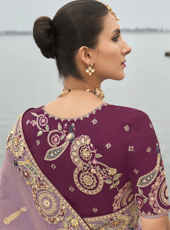 Mauve Pink Embroidered Tissue Silk Wedding Saree