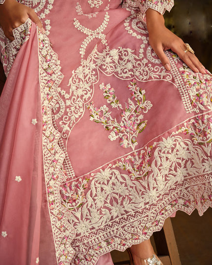 Cherry Pink Organza Embroidered Pant Kameez
