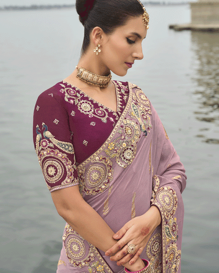 Mauve Pink Embroidered Tissue Silk Wedding Saree