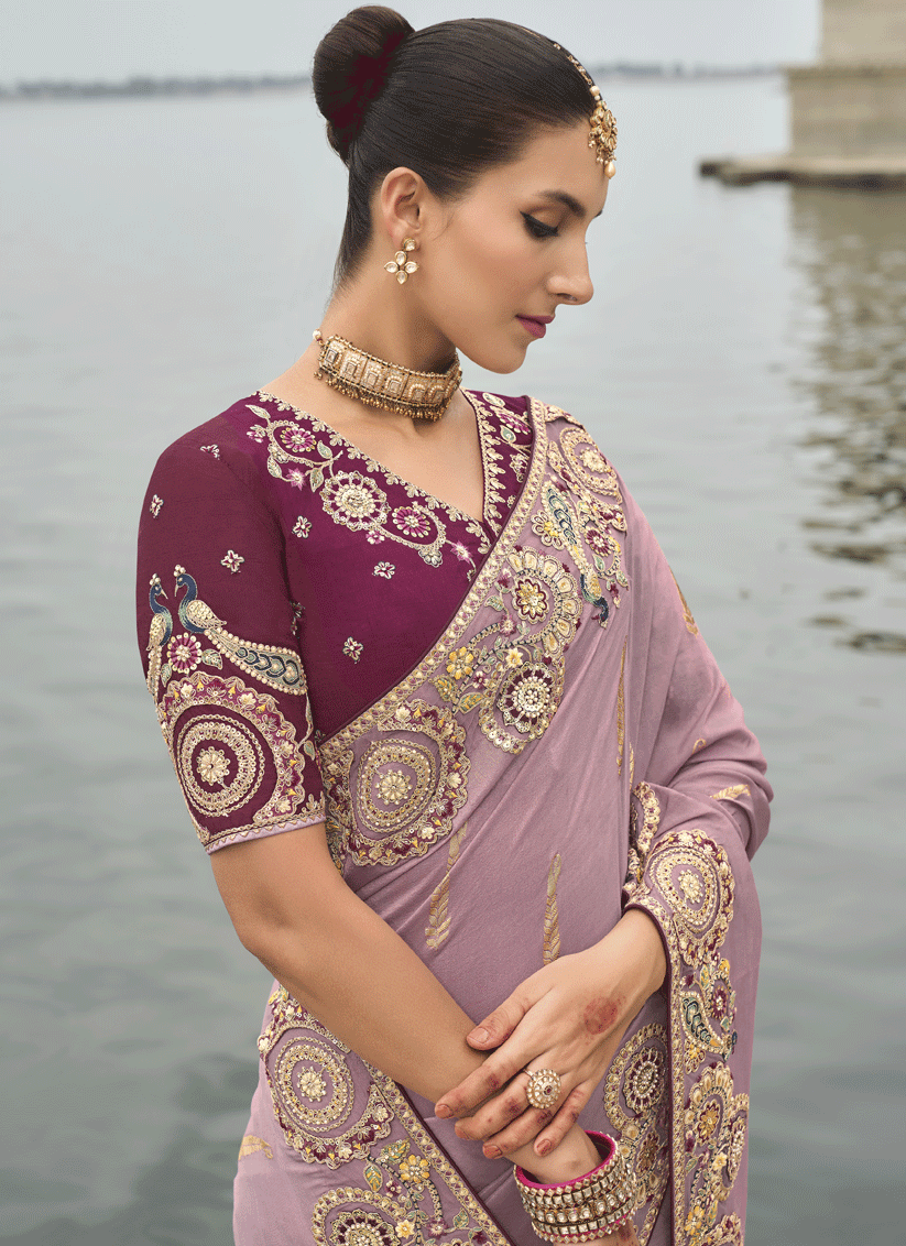 Mauve Pink Embroidered Tissue Silk Wedding Saree