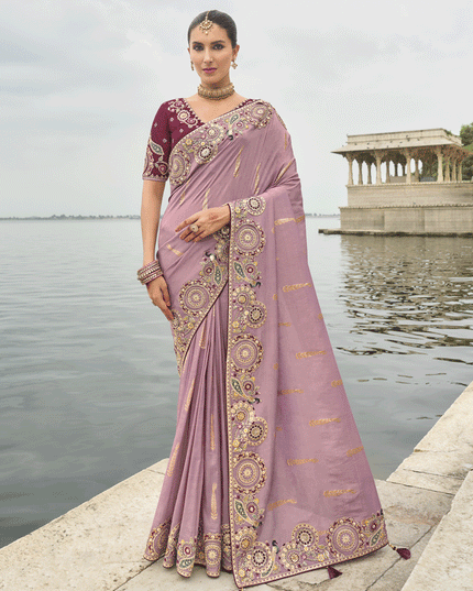 Mauve Pink Embroidered Tissue Silk Wedding Saree