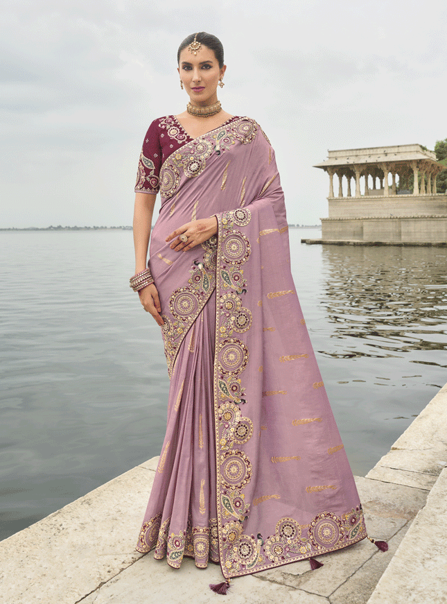 Mauve Pink Embroidered Tissue Silk Wedding Saree