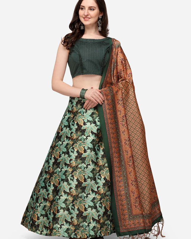 Green Satin Silk Blend Digital Print Navratri Specials Chaniya Choli