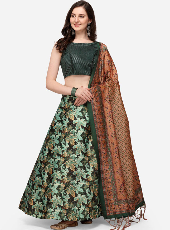 Green Satin Silk Blend Digital Print Navratri Specials Chaniya Choli