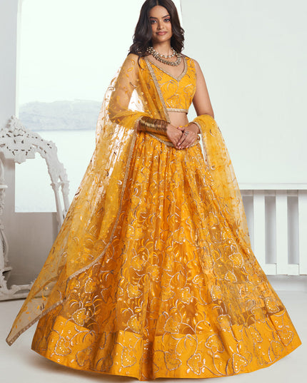 Golden Yellow Net Embroidered Wedding Lehenga Choli Set