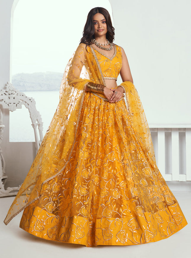 Golden Yellow Net Embroidered Wedding Lehenga Choli Set