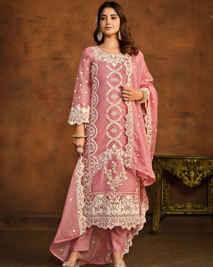 Cherry Pink Organza Embroidered Pant Kameez